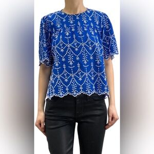 Zara Royal Blue Embroidered Short Sleeve Blouse